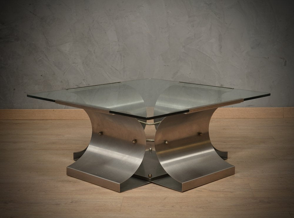 Mid-Century Steel and Glass Coffee Table by Francois Monnet, 1970s