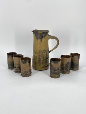 Mid-Century Studio Ceramic Jug with 6 Cups by Luise Dunker for Flensburg Germany, 1950, Set of 7-CZ-2041071