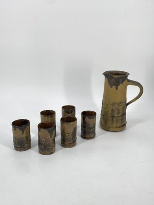 Mid-Century Studio Ceramic Jug with 6 Cups by Luise Dunker for Flensburg Germany, 1950, Set of 7-CZ-2041071