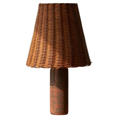 Mid-Century Studio Pottery Table Lamp in Chamotte Clay with Rattan Shade, 1940s-FEW-2024202