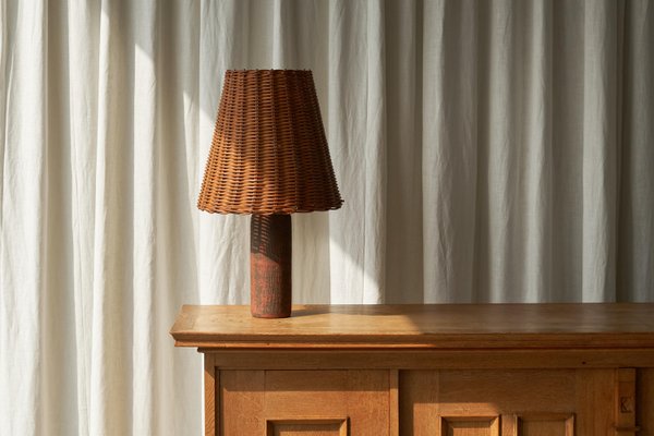 Mid-Century Studio Pottery Table Lamp in Chamotte Clay with Rattan Shade, 1940s-FEW-2024202