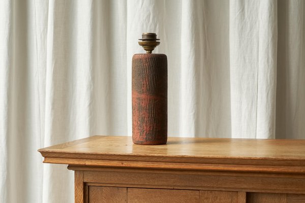 Mid-Century Studio Pottery Table Lamp in Chamotte Clay with Rattan Shade, 1940s-FEW-2024202