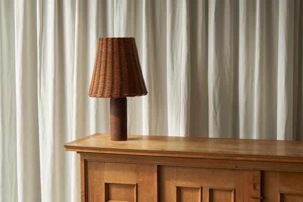 Mid-Century Studio Pottery Table Lamp in Chamotte Clay with Rattan Shade, 1940s-FEW-2024202