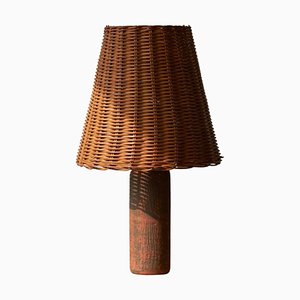 Mid-Century Studio Pottery Table Lamp in Chamotte Clay with Rattan Shade, 1940s-FEW-2024202