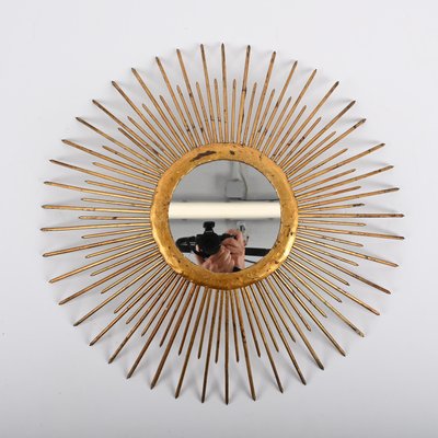 Mid-Century Sunburst Mirror in Gilded Iron with Lighting, Italy, 1960s-JDR-1425995