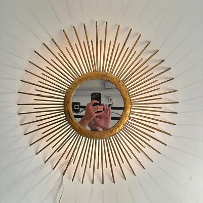 Mid-Century Sunburst Mirror in Gilded Iron with Lighting, Italy, 1960s-JDR-1425995