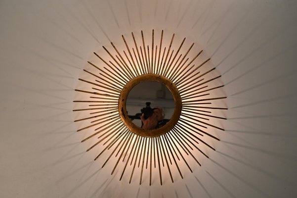 Mid-Century Sunburst Mirror in Gilded Iron with Lighting, Italy, 1960s-JDR-1425995