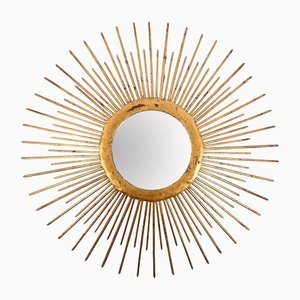 Mid-Century Sunburst Mirror in Gilded Iron with Lighting, Italy, 1960s-JDR-1425995