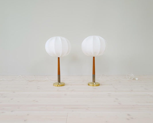 Mid-Century Swedish Brass and Teak Table Lamps with Cotton Shades from Boréns, 1960s, Set of 2