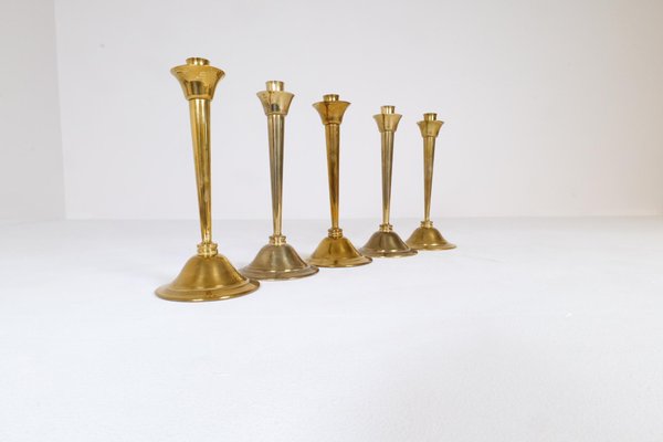 Mid-Century Swedish Candlesticks in Brass by Lars Holmström, Set of 5-UYK-1191706