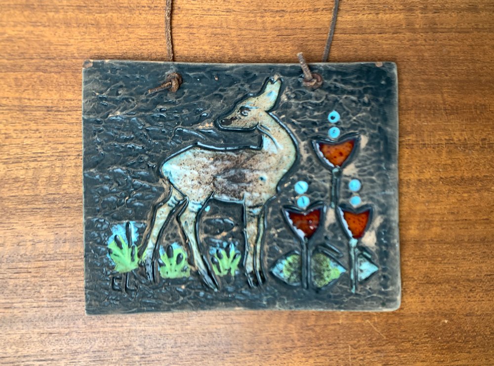 Mid-Century Swedish Ceramic Deer Motif Wall Plaque Tile by Eivor Lang for Tilgmans Keramik, 1960s