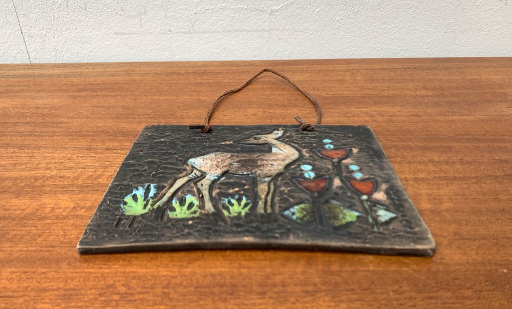 Mid-Century Swedish Ceramic Deer Motif Wall Plaque Tile by Eivor Lang for Tilgmans Keramik, 1960s