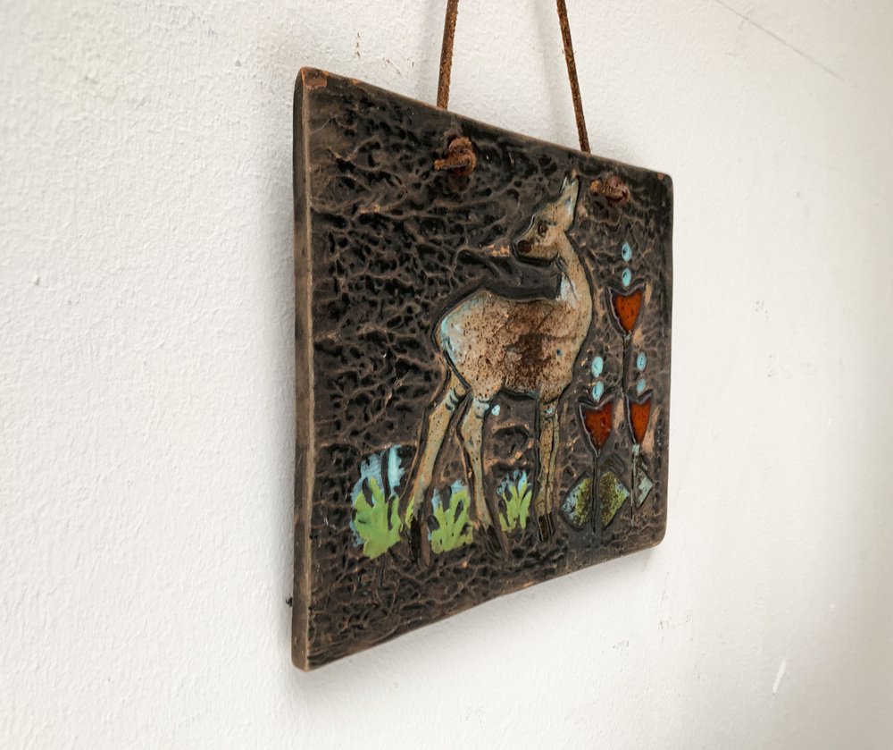 Mid-Century Swedish Ceramic Deer Motif Wall Plaque Tile by Eivor Lang for Tilgmans Keramik, 1960s