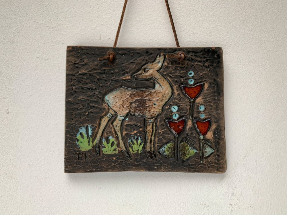 Mid-Century Swedish Ceramic Deer Motif Wall Plaque Tile by Eivor Lang for Tilgmans Keramik, 1960s