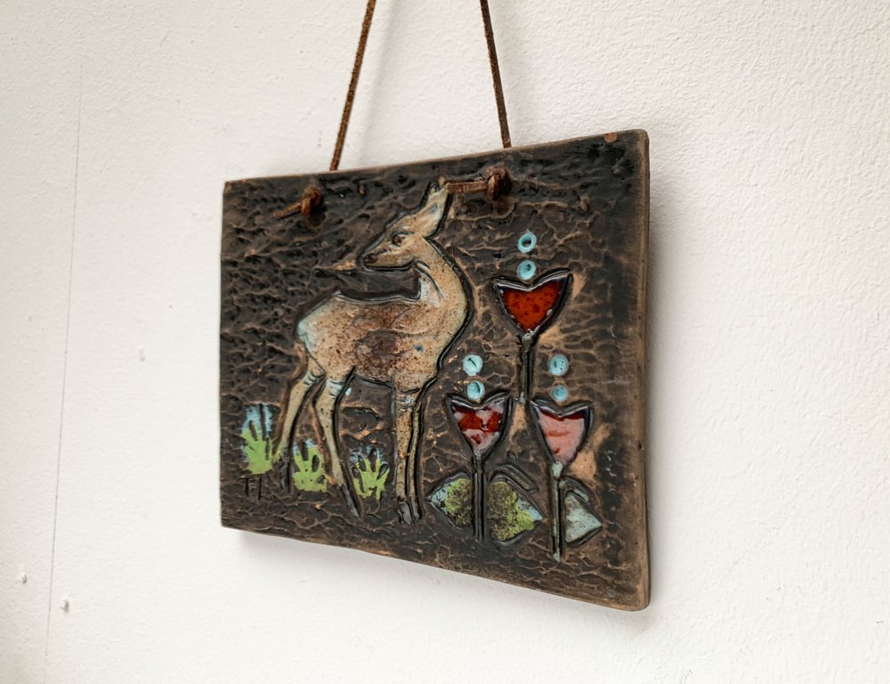 Mid-Century Swedish Ceramic Deer Motif Wall Plaque Tile by Eivor Lang for Tilgmans Keramik, 1960s