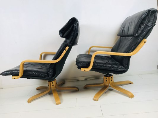 Mid-Century Swedish Leather Swivel Chairs, 1970s, Set of 2-WQJ-777981