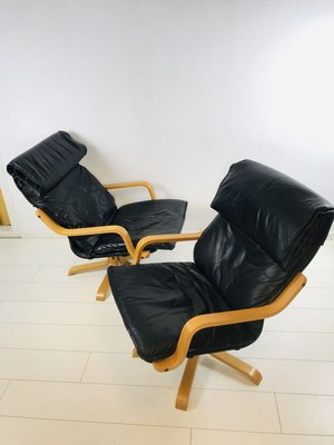 Mid-Century Swedish Leather Swivel Chairs, 1970s, Set of 2-WQJ-777981