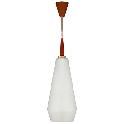 Mid-Century Swedish Modern Opaline Glass Teak & Brass Pendant Attributed to Luxus, 1960s-OE-897940