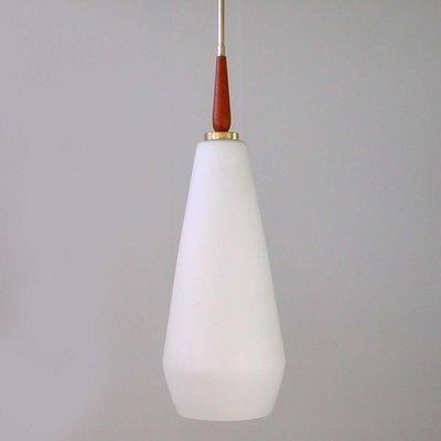 Mid-Century Swedish Modern Opaline Glass Teak & Brass Pendant Attributed to Luxus, 1960s-OE-897940