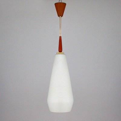 Mid-Century Swedish Modern Opaline Glass Teak & Brass Pendant Attributed to Luxus, 1960s-OE-897940