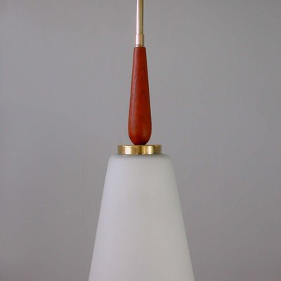 Mid-Century Swedish Modern Opaline Glass Teak & Brass Pendant Attributed to Luxus, 1960s-OE-897940