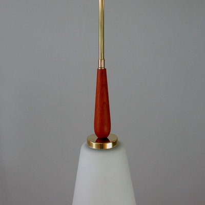 Mid-Century Swedish Modern Opaline Glass Teak & Brass Pendant Attributed to Luxus, 1960s-OE-897940