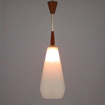 Mid-Century Swedish Modern Opaline Glass Teak & Brass Pendant Attributed to Luxus, 1960s-OE-897940