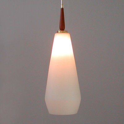 Mid-Century Swedish Modern Opaline Glass Teak & Brass Pendant Attributed to Luxus, 1960s-OE-897940