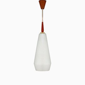 Mid-Century Swedish Modern Opaline Glass Teak & Brass Pendant Attributed to Luxus, 1960s-OE-897940