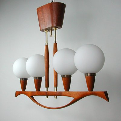 Mid-Century Swedish Modern Teak and Satin Glass Chandelier, 1960s-OE-897804