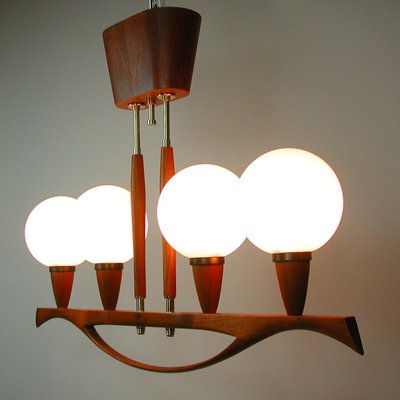 Mid-Century Swedish Modern Teak and Satin Glass Chandelier, 1960s-OE-897804