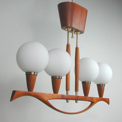 Mid-Century Swedish Modern Teak and Satin Glass Chandelier, 1960s-OE-897804