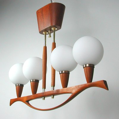 Mid-Century Swedish Modern Teak and Satin Glass Chandelier, 1960s-OE-897804