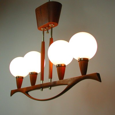 Mid-Century Swedish Modern Teak and Satin Glass Chandelier, 1960s-OE-897804