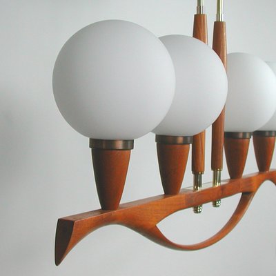 Mid-Century Swedish Modern Teak and Satin Glass Chandelier, 1960s-OE-897804