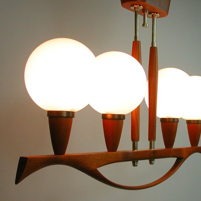 Mid-Century Swedish Modern Teak and Satin Glass Chandelier, 1960s-OE-897804