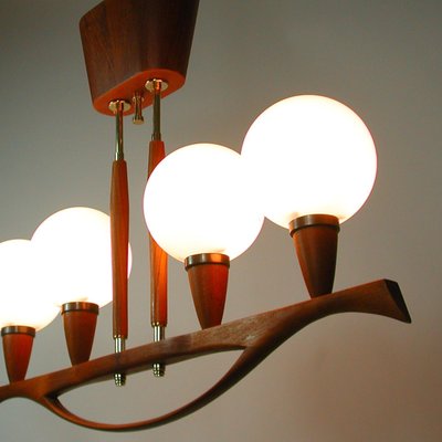 Mid-Century Swedish Modern Teak and Satin Glass Chandelier, 1960s-OE-897804