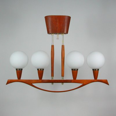 Mid-Century Swedish Modern Teak and Satin Glass Chandelier, 1960s-OE-897804