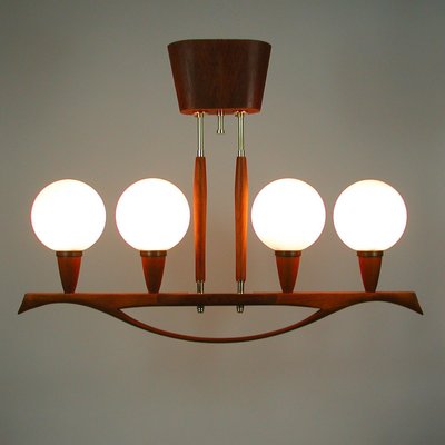 Mid-Century Swedish Modern Teak and Satin Glass Chandelier, 1960s-OE-897804