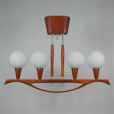 Mid-Century Swedish Modern Teak and Satin Glass Chandelier, 1960s-OE-897804