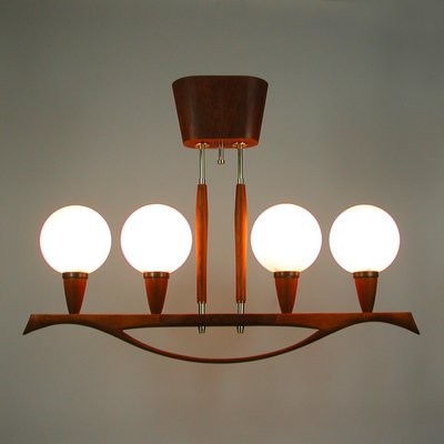 Mid-Century Swedish Modern Teak and Satin Glass Chandelier, 1960s-OE-897804