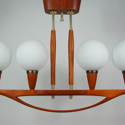 Mid-Century Swedish Modern Teak and Satin Glass Chandelier, 1960s-OE-897804