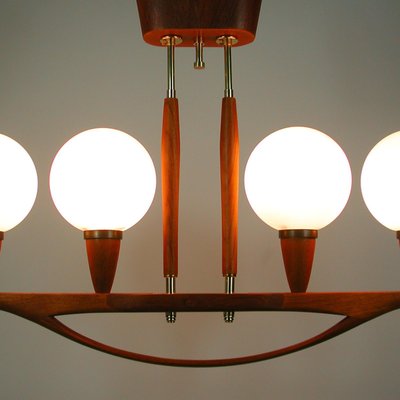 Mid-Century Swedish Modern Teak and Satin Glass Chandelier, 1960s-OE-897804