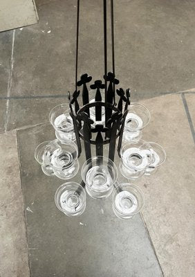 Mid-Century Swedish Wrought Iron and Glass Candle Chandelier by Bertil Vallien and Axel Strömberg for Kosta Boda and Bolin Smide, 1960s-UAH-1799388