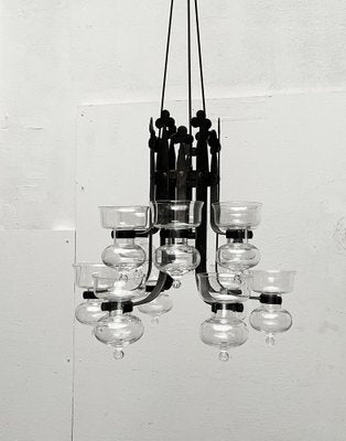 Mid-Century Swedish Wrought Iron and Glass Candle Chandelier by Bertil Vallien and Axel Strömberg for Kosta Boda and Bolin Smide, 1960s-UAH-1799388