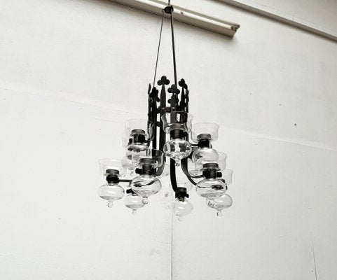 Mid-Century Swedish Wrought Iron and Glass Candle Chandelier by Bertil Vallien and Axel Strömberg for Kosta Boda and Bolin Smide, 1960s-UAH-1799388