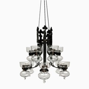 Mid-Century Swedish Wrought Iron and Glass Candle Chandelier by Bertil Vallien and Axel Strömberg for Kosta Boda and Bolin Smide, 1960s-UAH-1799388