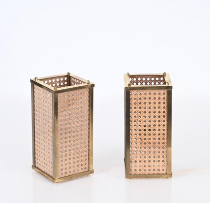 Mid-Century Table Lamp in Brass, Wicker and Giass, Italy, 1970s, Set of 2-JDR-1721372