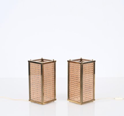 Mid-Century Table Lamp in Brass, Wicker and Giass, Italy, 1970s, Set of 2-JDR-1721372