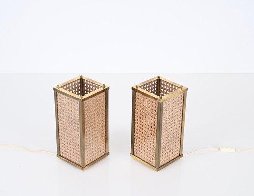 Mid-Century Table Lamp in Brass, Wicker and Giass, Italy, 1970s, Set of 2-JDR-1721372